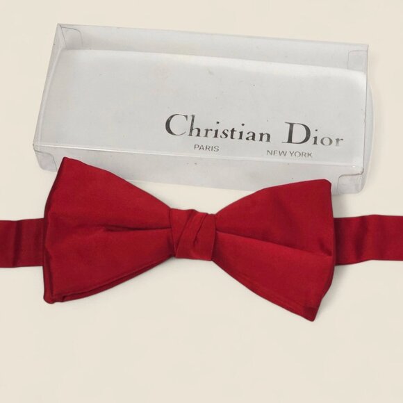 Rare Christian Dior Red Silk Bow Tie Paris Made in USA Adjustable BOXED VTG - Picture 3 of 15
